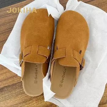 2024 женские сандалии с закрытым носком из коровьей замши, сандалии-сабо для женщин и девочек в стиле ретро, бежевые садовые сандалии-сабо 35 абрикосовый