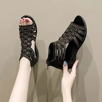 2024 Женские сандалии Женские удобные туфли-лодочки Cyrstal Женская мода на танкетке Женские римские блестящие туфли с вырезами Женская обувь на молнии 36 чёрный