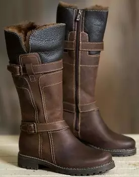 2024 Женские сапоги до колена, большие размеры, туфли на низком каблуке, ботильоны-гладиаторы, винтажная искусственная кожа, зимняя теплая обувь для снега, Botas Mujer589 35 чёрный