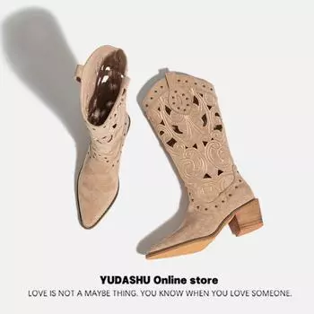 2024 Женские сапоги до середины голени в ковбойском стиле на каблуках с вышивкой, полые ковбойские сапоги для женщин, осень-зима 2024, искусственная кожа, Botas Mujer 2024 35 хаки