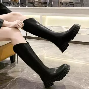 2024 Женские сапоги Модные мягкие кожаные сапоги до колена Женские женские сапоги на молнии с квадратным каблуком Осень-зима Рыцарские сапоги D59 39