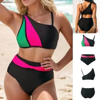 2024 женские сексуальные бикини с открытыми плечами, трехцветный купальник нерегулярной формы, отдельный купальник для девочек-подростков S чёрный
