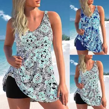 2024 женские сексуальные пляжные купальники танкини из двух предметов купальники с принтом танкини пляжные летние модные пляжные женские купальники комплект L синий