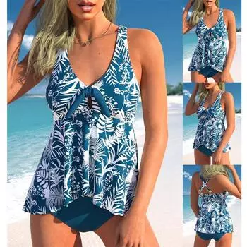 2024 женские сексуальные пляжные купальники танкини из двух предметов купальники с принтом танкини пляжные летние модные пляжные женские купальники комплект S синий