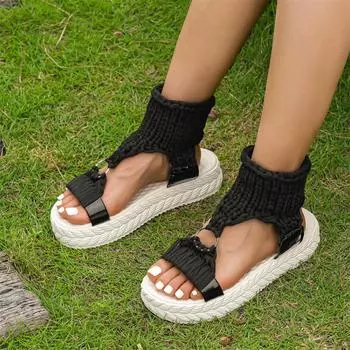 2024 Женские сексуальные пляжные туфли 2024 года, однотонные плетеные трикотажные босоножки на платформе с вырезом и круглым кольцом, летние сетчатые сандалии для женщин 36 белый