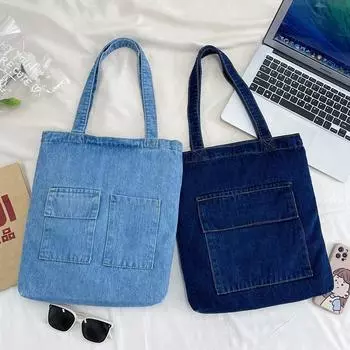 2024 Женские сумки на плечо большой емкости, дикая повседневная сумка, уличная парусиновая джинсовая сумка на плечо, однотонная сумка для покупок на молнии 34x37x4cm
