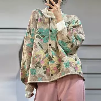 2024 Женские свитера Цветочный кардиган Осенний принт О-образный вырез свитера Вязание свободный свитер Зеленый One size дубильная кора