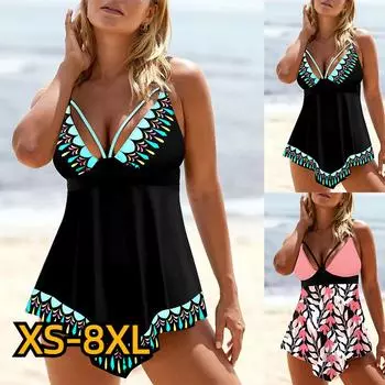 2024 женские танкини с высокой талией, летний новый дизайн, купальник с принтом, купальный костюм, комплект из двух предметов, пляжная одежда XS-8XL S чёрный