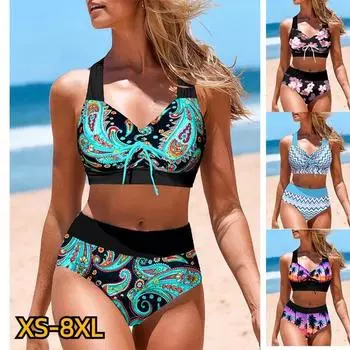 2024 женские танкини с высокой талией, летний новый дизайн, купальник с принтом, купальный костюм, комплект из двух предметов, пляжная одежда XS-8XL S чёрный