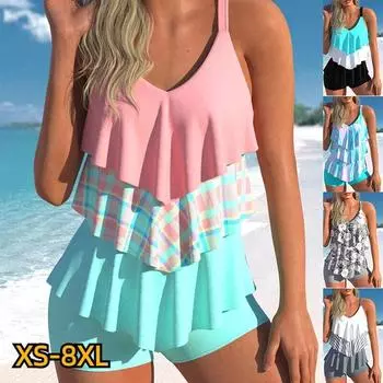 2024 женские танкини с высокой талией, летний новый дизайн, купальник с принтом, купальный костюм, комплект из двух предметов, пляжная одежда XS-8XL S чёрный