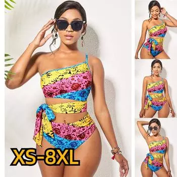 2024 женские танкини с высокой талией, летний новый дизайн, купальник с принтом, купальный костюм, комплект из двух предметов, пляжная одежда XS-8XL S разноцветный