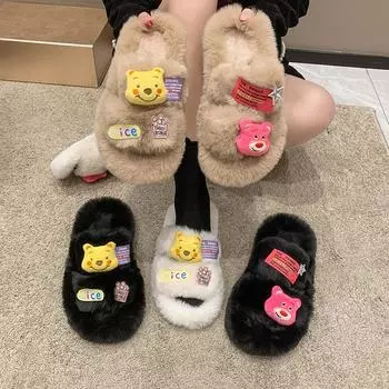 2024 женские тапочки большого размера зимняя плюшевая теплая 2024 спальня нескользящие тапочки толстая подошва женская мягкая удобная плоская обувь 35 белый