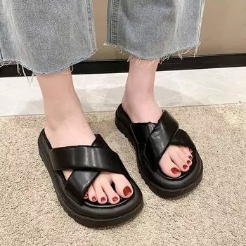 2024 Женские тапочки из флока с узлом, женские повседневные шлепанцы с открытым носком, женские летние удобные пляжные сандалии на плоской платформе 36