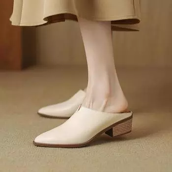 2024 Женские тапочки из натуральной кожи Туфли для женщин с закрытым носком на толстом каблуке Мюли Женские босоножки с открытой пяткой Элегантная обувь ручной работы 34 хаки