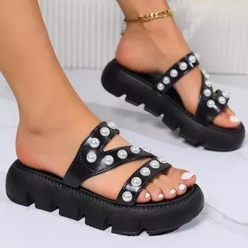 2024 женские тапочки летние новые модные украшения из жемчуга элегантные однотонные платья для вечеринок с узким ремешком дизайн с открытым носком сандалии 36 бежевый