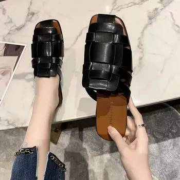 2024 Женские тапочки Летние новые ручная вязка Плоские уличные сандалии Досуг Открытый Простые женские повседневные 35 бежевый