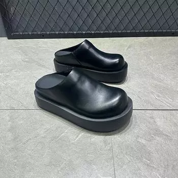 2024 Женские тапочки Летняя мода Закрытый носок Кожаные туфли Лоферы Высокие тапочки на платформе Женские черные высокие каблуки Zapatillas 35 чёрный