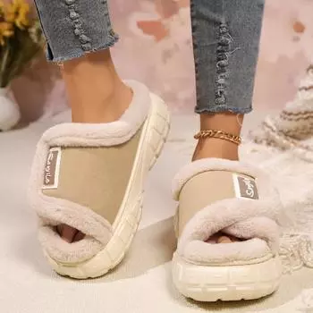 2024 женские тапочки на толстой подошве осень и зима новые плюшевые теплые домашние ленивые тапочки нескользящие модные женские тапочки 36-37 бежевый
