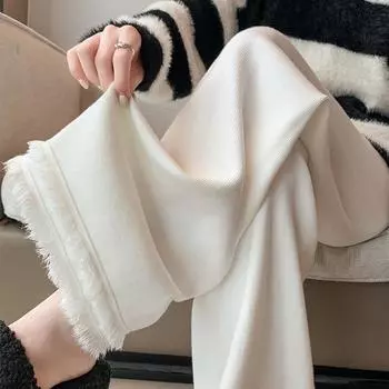 2024 Женские трикотажные брюки с бахромой на шнурке, осень и зима, новые эластичные тонкие свободные длинные брюки с высокой талией на шнурке, женские широкие брюки 2690 S белый