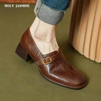 2024 Женские туфли-лодочки из натуральной кожи с круглым носком в стиле ретро, высокое качество, весна-лето, базовые туфли для офиса и офиса, рабочая обувь для женщин 34 чёрный
