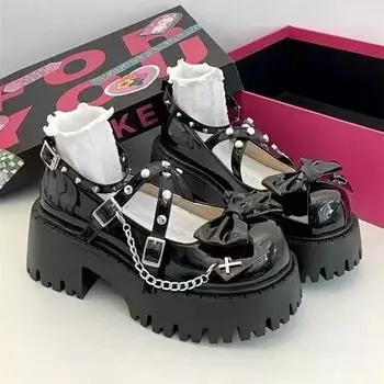 2024 Женские туфли-лодочки Mary Janes на толстой подошве с высоким каблуком, с заклепками и цепочкой 36 чёрный