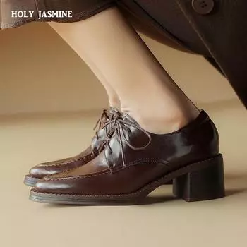 2024 Женские туфли-лодочки Новые модные женские туфли с круглым носком из натуральной кожи Женские рабочие повседневные туфли на квадратном высоком каблуке ручной работы 34 чёрный