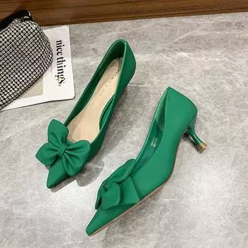 2024 Женские туфли-лодочки с бантом, модные туфли без застежек на высоком каблуке, сексуальные туфли с острым носком для офиса, однотонные туфли, современные туфли для вечернего платья 35 бежевый