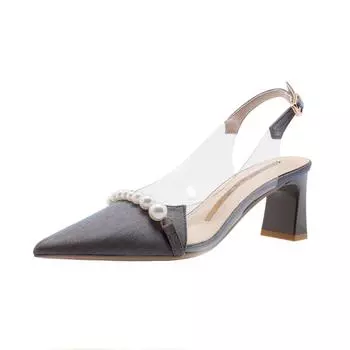 2024 Женские туфли-лодочки с острым носком, туфли-лодочки с жемчугом, свадебные туфли на высоком каблуке, женские туфли для невесты, туфли на толстом каблуке, босоножки с ремешком сзади 34 бежевый