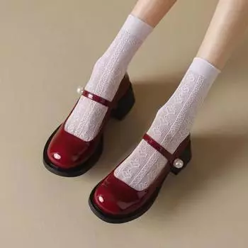 2024 Женские туфли Мэри Джейн на высоком каблуке Модные туфли с круглым носком на мелком блочном каблуке Роскошные лакированные туфли на каблуках в стиле Лолита EUR 35