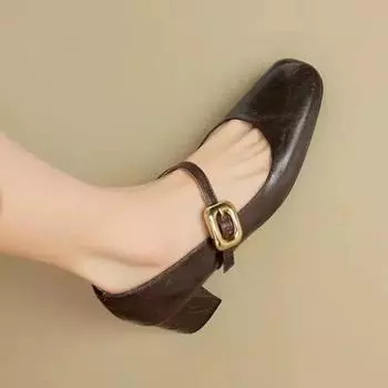 2024 Женские туфли Мэри Джейн Туфли-лодочки с квадратным носком 2024 Весна Высокий каблук с пряжкой Ремешок Дизайнерское серебристое офисное платье 36 чёрный
