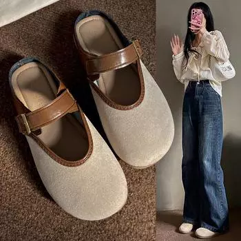 2024 женские туфли-мулы в стиле ретро, осенние новые модные повседневные нескользящие однотонные замшевые туфли на плоской подошве без шнуровки, женские Zapatos De Mujer 35 коричневый