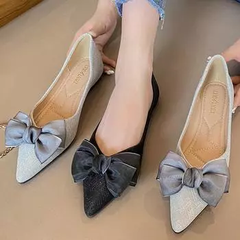 2024 Женские туфли на низком каблуке с неглубокой горловиной и бабочками, элегантные, удобные, для вечеринок, женские, французского стиля, модные, повседневные туфли на плоской подошве 33 чёрный