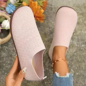 2024 Женские туфли на плоской подошве Летние однотонные вязаные нескользящие туфли на плоской подошве Повседневные дышащие балетки Мягкие женские сетчатые туфли Лоферы 36 бежевый