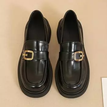 2024 Женские туфли на широком каблуке Модные туфли с металлической пряжкой Повседневная обувь без застежек Британские кожаные туфли на платформе Каблуки в стиле преппи Лоферы 35 чёрный