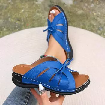 2024 женские туфли на танкетке, летние новые, с открытым носком, бантом, удобные, толстые, сандалии для пляжа на танкетке 36 белый