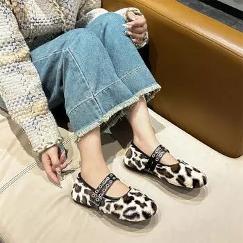 2024 Женские туфли с леопардовым принтом и неглубоким носком из хлопка, женские модные новые зимние модные теплые женские замшевые туфли Мэри Джейн 35 чёрный
