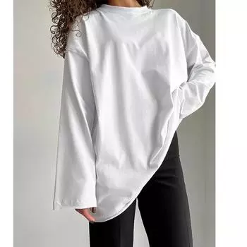 2024 Женские весенние свободные хлопковые футболки с круглым вырезом и длинным рукавом, черные белые футболки летнего цвета для женщин, одежда S чёрный