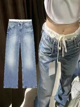 2024 женские винтажные синие джинсовые свободные лоскутные брюки с высокой талией женские джинсы на шнуровке длинные мешковатые брюки High Street S синий