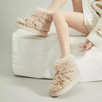 2024 женские зимние ботинки бежевые уличные зимние ботинки с толстой подошвой женские теплые меховые ботильоны нескользящие зимние ботинки 35 бежевый