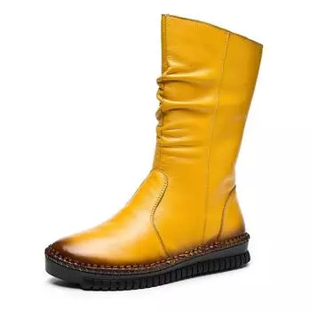 2024, женские зимние ботинки, сапоги до середины икры на плоской подошве из натуральной кожи в стиле ретро, теплая обувь, женские ботинки на платформе с меховыми ботинками 35 чёрный