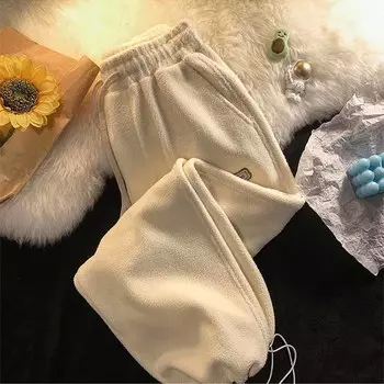 2024 Женские зимние флисовые толстые брюки Верхняя одежда Термоштаны с высокой талией Теплые свободные мягкие бархатные женские спортивные брюки S зелёный