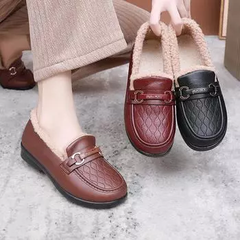 2024 Женские зимние мокасины с флисовой подкладкой Уличные нескользящие низкие туфли для женщин Теплые туфли с меховой подкладкой Туфли на плоской платформе 36 чёрный