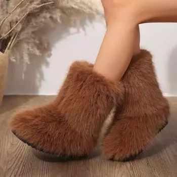 2024 женские зимние сапоги для отдыха на природе из искусственного меха лисы, плюшевые теплые хлопковые туфли на плоской подошве, модные теплые сапоги для девочек большого размера с мехом 36 белый