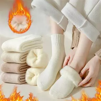 2024 женские зимние теплые утолщенные термоноски шерстяные кашемировые снежно-сладкие мягкие хлопковые вязаные носки для сна в комнате чёрный