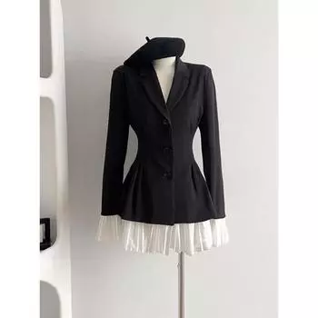 2024 женский формальный блейзер с воротником с лацканами осень-зима офисные женские туфли в Корейском стиле в стиле пэчворк контрастного цвета верхняя одежда однобортный пиджак S чёрный