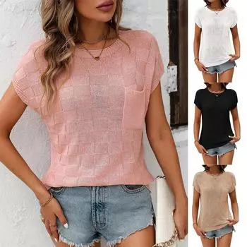 2024 Женский клетчатый свитер с круглым вырезом и карманом с коротким рукавом L светло-розовый