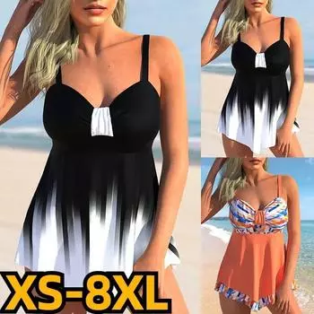 2024 женский комплект из двух предметов, купальники, женский купальник-бикини, купальный костюм с принтом, сексуальное монокини, летняя пляжная одежда с высокой талией, танкини S чёрный