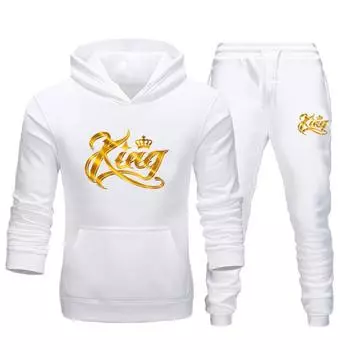 2024 женский комплект с капюшоном и длинными рукавами, комплект спортивной одежды, пуловер с принтом KING и QUEEN, осенне-зимний комплект с капюшоном S белый