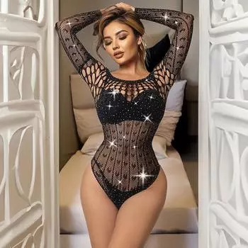 2024 Женский новый рыболовный сетчатый комбинезон со стразами, одежда, сексуальный сетчатый прозрачный облегающий костюм, эротический сетчатый комбинезон XXS