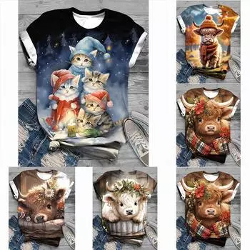 2024 женский новый топ с круглым вырезом и 3D принтом котенка, женская модная женская футболка оверсайз с коротким рукавом, стиль Y2K XS